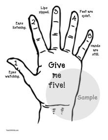 Classroom management: Simple classroom management technique. Teacher says "Give me five!" children raise their hand and zip their lips doing those 5 things. Packet includes posters plus lots of activities, tips, and social contracts for behavior management. For more reinforcement, children could also trace their own hand and write down the five things. :-) Give Me 5 Classroom Rules, Sunday School Rules, Classroom Management Activities, Preschool Rules, Classroom Posters Free, Simple Classroom, Children Ministry, Teaching Classroom Management, Classroom Management Techniques