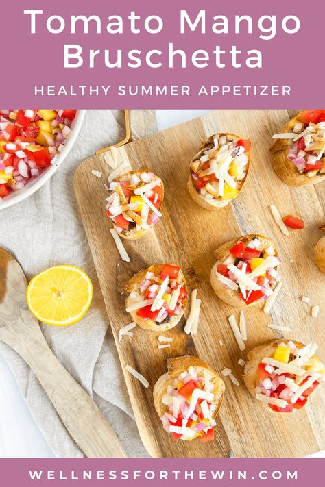 Tomato Mango Bruschetta is a healthy and easy appetizer to bring to any summer gathering, full of fresh and good-for-you ingredients! #ALDILove #ALDIUSA #ad #summerappetizer Mango Bruschetta, Toast In The Oven, Plant Based Snacks, Summer Appetizer, Summer Gathering, Intuitive Eating, Salad Bar, Healthy Appetizers, Fresh Fruits And Vegetables