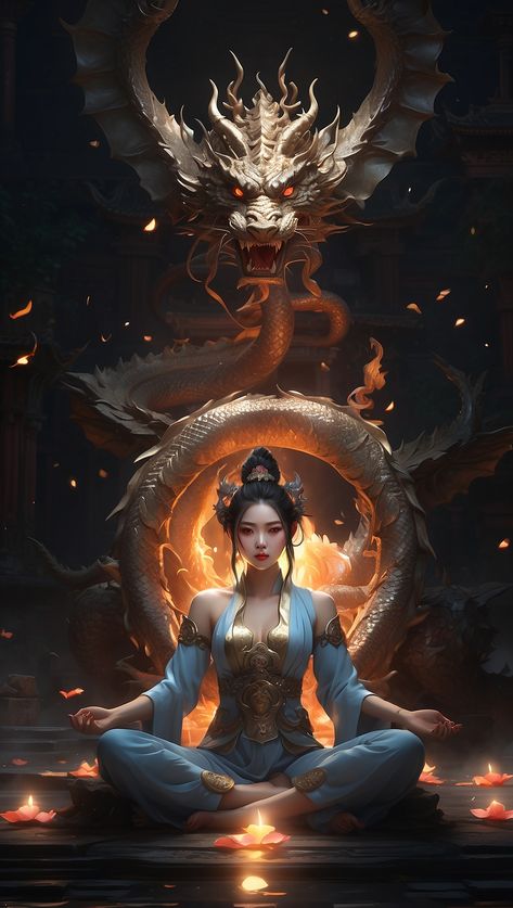 A woman sitting in lotus position with a dragon in the background Asian Dragon Character Design, Sitting Dragon, Game Lounge, Gold Design Background, Mythical Dragons, Mystery School, Dragon Artwork Fantasy, Spiritual Artwork, Celestial Art