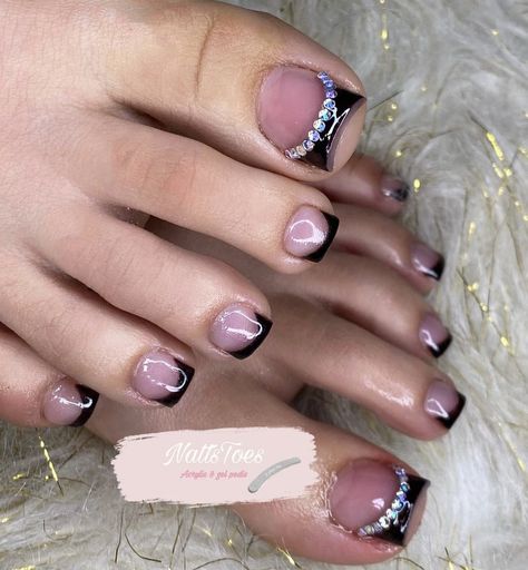 Black Tips Pedicure, Black Toenail Designs With Rhinestones, Black Toe Nails With Rhinestones, Pedicures With Rhinestones, Acrylic Toes Black French Tip, Black Toe Designs, White French Tip Toes With Rhinestones, Black French Tip Toes With Design, Black French Tips Toes