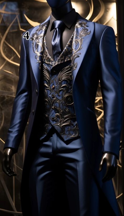 Fairytale Suit Men, Coattails Suit, Extravagant Suits Men, Cool Mens Suits, Male Suits Wedding, Navy Blue And Gold Suit, Celestial Outfit Male, Mens Masquerade Party Outfit, Blue Prince Suit