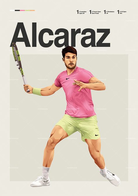 Carlos Alcaraz poster featuring a mid century modern design style. The high-quality print showcases a beautiful digital drawing of Carlos Alcaraz. Perfect for any tennis fan looking to add some flair to their living space. Tennis Poster Design, Tennis Poses, Alcaraz Tennis, Tennis Decor, Tennis Poster, England Cricket Team, Minimalist Poster Design, Tennis Posters, Tennis Photos