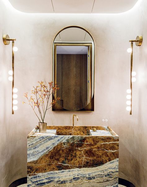 Rounded Mirror, Venetian Plaster Walls, Bathroom Gallery, Townhouse Designs, Gorgeous Bathroom, Wall Lamps Bedroom, Bathroom Trends, Straight Lines, Guest Bathroom