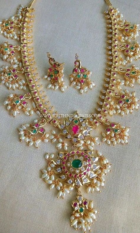 One Gram Gold Guttapusalu Haram and Earrings Designs, 1 Gram Guttapusalu Haram Designs. Gold Guttapusalu Haram, Muthyala Haram Designs, Guttapusalu Haram, Haram Designs, 1 Gram Gold Jewellery, Gold Necklace Indian, Wedding Engagement Rings, Online Gold Jewellery, Pearl Necklace Designs