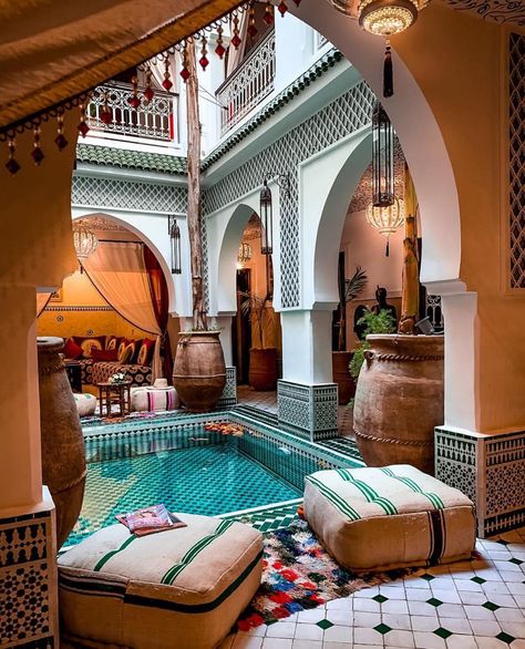 Best Airbnb on Instagram: “Hello Morocco 🇲🇦 . . 📍#Marrakech #Morocco  Photo by @joao___rodrigues___ — visit our link in bio to book” Riad Courtyard, Marrakech Interior, Riad Morocco, Interior Terrace, Marrakech Riad, Moroccan Riad, Pool Terrace, Riad Marrakech, Moroccan Homes