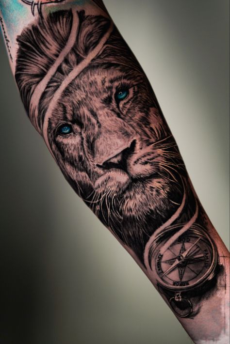 Lion Clock Tattoo Design For Men, Lion And Compass Tattoo, Lion Compass Tattoo, Lion Forearm Tattoo For Men, Spartan Helmet Tattoo, Compass Clock, Black And Grey Sleeve, Helmet Tattoo, Tattoos Arm