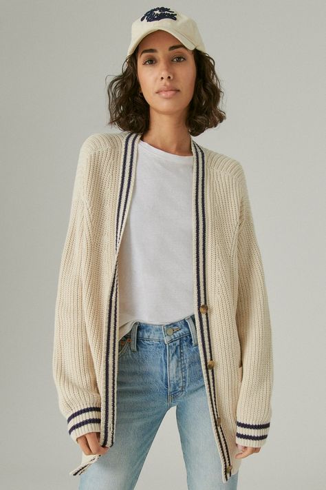 TEXTURED VARSITY KNIT CARDIGAN | Lucky Brand Varsity Cardigan, Fitted Cardigan, White Cardigan, Knit Sweater Cardigan, Cardigans For Women, Cardigan Sweater, Knit Cardigan, Lucky Brand, Sweater Cardigan