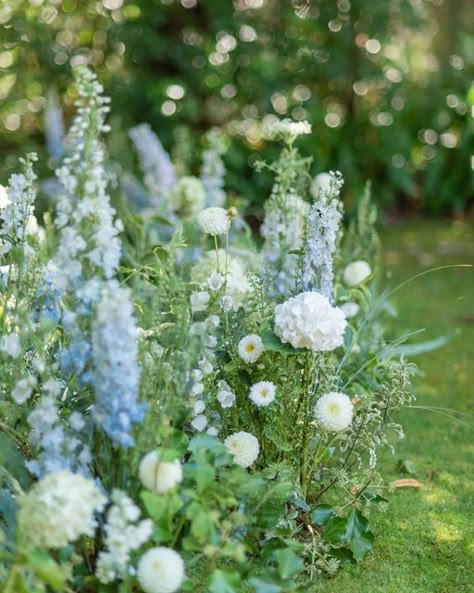 Blue Wildflower Wedding Theme, June Wedding Flowers Blue, Pale Blue Wedding Decor, Blue White Green Wedding Flowers, Pale Blue Wedding Flowers, Light Blue Wildflower Wedding, Blue White Wedding Flowers, Meadow Arrangement Ceremony, Blue And White Wedding Flowers