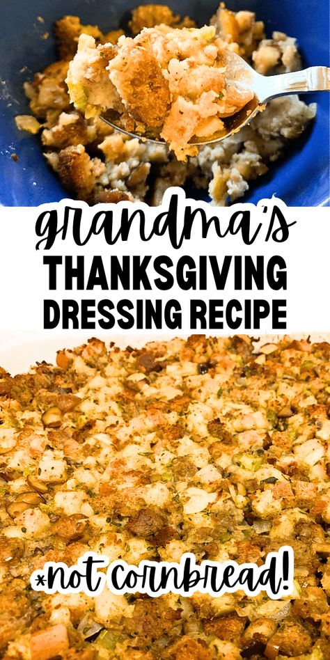 Old Fashioned Thanksgiving Dressing (Grandma's Vintage Recipe) - how to make homemade dressing from scratch (Thanksgiving stuffing recipe). Best Southern dressing recipe (much better than cornbread dressing!) #thanksgivingrecipes #sidedish #dressingrecipes #stuffingrecipe How To Make Homemade Dressing, Best Homemade Dressing Thanksgiving, Chicken Dressing Recipes Thanksgiving, Southern Dressing Recipe Thanksgiving, Southern Cornbread Dressing With Turkey, Dressing Thanksgiving Southern, Thanksgiving Dressing Southern, How To Make Dressing, Dressing For Thanksgiving Homemade