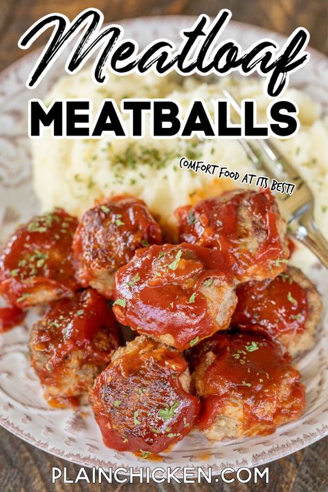 Meatloaf Meatballs – super delicious! Great at a meal or a party appetizer. Ground beef, oatmeal, milk, onion, salt, pepper, ketchup, sugar, vinegar, hot sauce and Worcestershire. I always double the recipe! Leftovers are great as a Meatloaf Meatball Sub sandwich! The whole family LOVES these yummy meatballs! #meatballs #groundbeef #meatloaf #comfortfood Appetizer Ground Beef, Yummy Meatballs, Meatloaf Meatballs, Plain Chicken Recipe, Meatloaf Dinner, Sub Sandwich, Bbq Meatballs, Meatball Sub, Meatball Recipes Easy