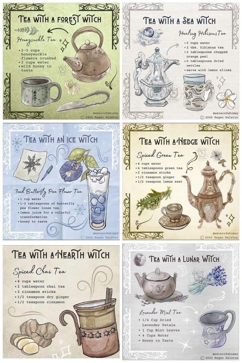 Tea With A Hedge Witch, Cottage Witch Recipes, Witchy Tea Aesthetic, Tea Witch Art, Witchcraft Recipes Kitchen Witch, Fantasy Snack Ideas, Tea With A Witch, Drinkable Potions Witchcraft, Witch Food Recipes