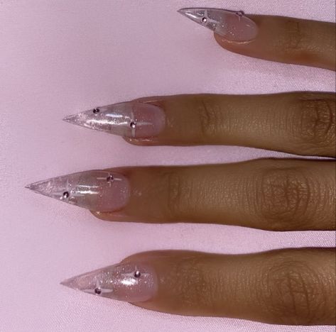 Medium Pointy Nails, Clear Nails Aesthetic, Gothic Pink Nails, Pointy Pink Nails, Clear Nails Glitter, Vampire Nails Acrylic, Pink Nails Pointy, Sharp Nails Design, Clear Jelly Nails