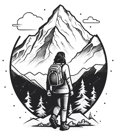 Premium Vector | Vector cute mountain and hiker bold line Hike Drawing, Hiking Doodles, Hiker Aesthetic, Mountain Doodle, Wanderer Icon, Inktober Ideas, Inktober 2024, Daily Doodle, 2024 Ideas