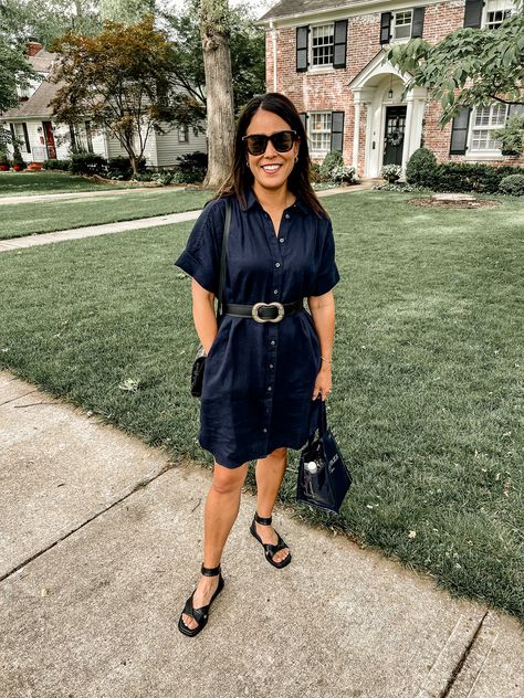 Classic Summer Pieces For Women Over 40| La Vie On Grand Knee-length Summer Dress With French Seams, Navy Linen Dress, Summer Pieces, Lightweight Blazer, Navy Linen, Linen Blazer, Silk Top, Linen Dresses, Linen Dress