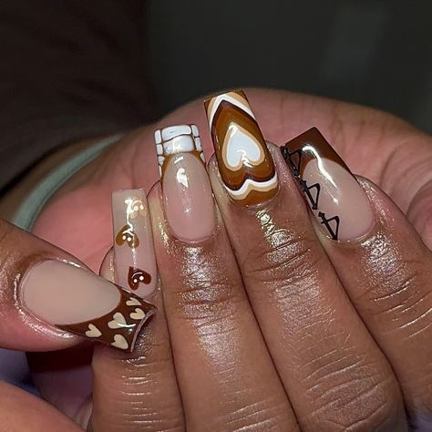 fall has entered the chat 🍂🤎 @shopnaileditt Coffee Collection dc: AKSACRYLICS follow for more nail inspo @aksacrylics #fallnails #brownnails #nailart #abstractnails #brown #fall #frenchtips #frenchies #hearts #heartnails #gelx #gelxnails #windsornails #nailtech #naildesigns #crocnails #444 Brown Frenchies, Ig Nails, Coffee Collection, Brown Fall, Brown Nails, Heart Nails, Nail Tech, Follow For More, Nail Inspo