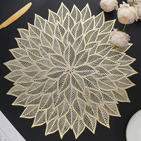 Amazon.com: Mabbcoo Placemats Set of 6, Round Hollow Out Flowers Place Mats for Dining Table Pressed Vinyl Blooming Leaf Table Mats for Holiday Party Wedding Accent Centerpiece Dinner Table Decoration (Gold) : Home & Kitchen Place Mats Ideas Dining Rooms, Round Kitchen Table Decor, Gold Placemats, Round Table Decor, Kitchen Table Makeover, Dining Table Gold, Modern Color Schemes, Dinner Table Decor, Holiday Table Decorations