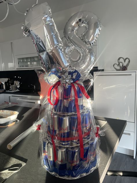 Red Bull Bouquet, Redbull Gift Ideas, Redbull Gift Basket Ideas, Redbull Bouquet, Red Bull Gift Ideas, Redbull Birthday Gifts, Red Bull Gift, 18th Birthday Present Ideas, Bedazzled Liquor Bottles