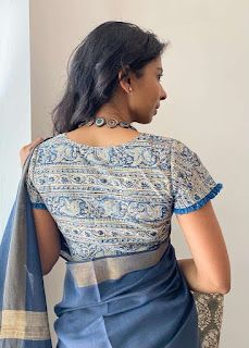 Kalamkari Blouses, Indigo Blouse, Print Blouse Design, Cotton Blouse Pattern, Kalamkari Blouse Designs, Designs Blouse, Blouse Back Neck, Blouse Designs High Neck, Cotton Saree Blouse Designs