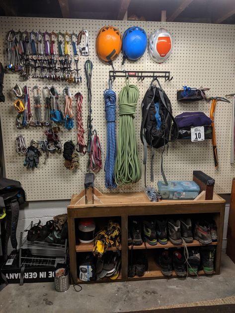 Gear Room Organization, Gear Storage Ideas, Outdoor Gear Organization, Outdoor Gear Storage, Camping Gear Organization, Camping Gear Storage, Camping Gear Gadgets, Adventure Room, Building Shelves