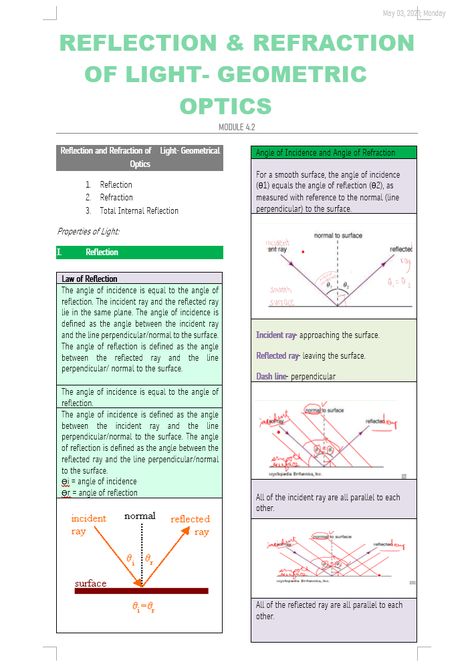 Digital Notes in Ms Word Reflection And Refraction, Refraction Of Light, Digital Notes, Aesthetic Notes, Ms Word, Quick Saves