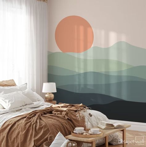 Peel And Stick Art, Diy Landscape Wall Mural, Mountain Themed Guest Room, Teal Room Aesthetic Bedroom, Easy Bedroom Mural, Simple Nursery Mural, Sunset Mural Bedroom, Diy Mountain Mural Wall Paintings, Peaceful Mural