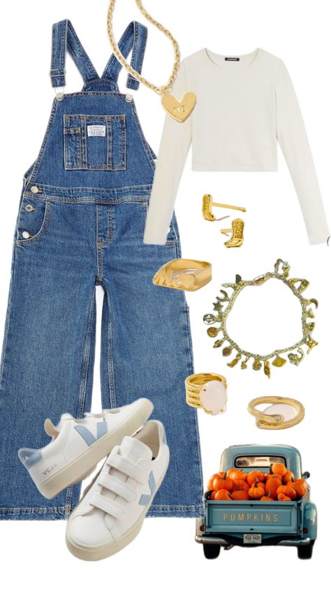 Pumpkin patch outfit, overalls, sneakers, country jewelry, cowboy boot earrings, gold accessories, love yourself jewelry, comfy and cute clothes Perfect Cute, Cute Comfy, Outfit Inspo Fall, Fall Outfit, Pumpkin Patch, My Website, Pumpkins, Fall Outfits, Overalls