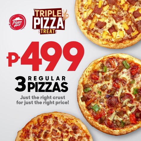 Pizza Hut – Triple Pizza Treat: Three Regular Traditional Pizzas for ₱499 Pizza Poster Design, Pizza Hut Coupon Codes, Pizza Promo, Pizza Post, Bears Wallpapers, Menu Pizza, Pizza Poster, Pizza Branding, Promo Flyer