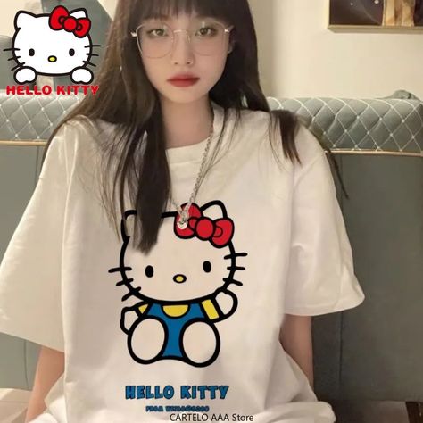 261.29грн. 50% OFF|Kawaii Hello Kitty Shirt Y2k Top Women Clothes Cotton Japanese Sanrio Kuromi Short Sleeve T-shirt Female Couple Loose Streetwear - T-shirts - AliExpress Y2k Outfits Street Styles, White Tshirt Women, Kawaii Shorts, Hello Kitty T Shirt, Hello Kitty Y2k, Y2k Hello Kitty, Kawaii Hello Kitty, Y2k Girls, Kitty Clothes