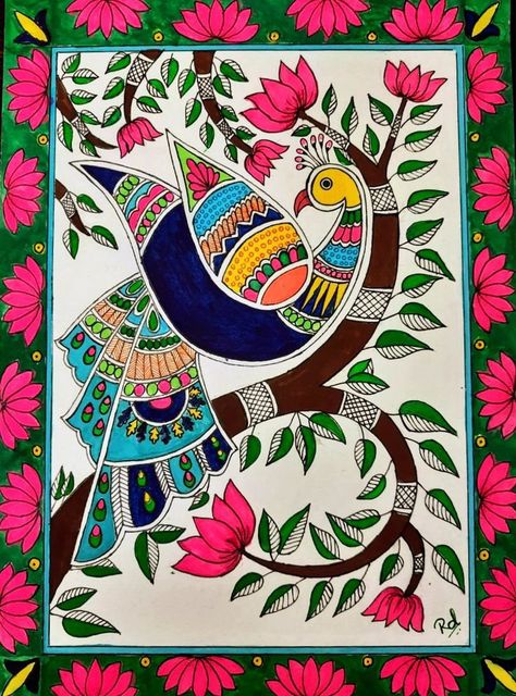 Peacock Madhubani Art, Madhubani Art Design, Madhubani Painting Easy, Madhubani Art Easy, Poster Colour Drawing, Simple Mandala Designs, Madhubani Peacock, Madhubani Paintings Peacock, Poster Colour Painting