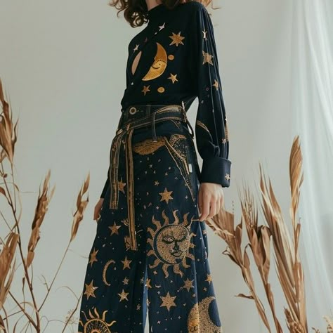 sun custom jeans Blue Celestial Outfit, Sun And Moon Themed Outfits, Astronomer Aesthetic Outfit, Space Acedamia Outfits, Sun Witch Outfit, Celestial Witch Aesthetic Outfit, Jean Art Painting, Celestial Aesthetic Outfit, Sun Inspired Outfit