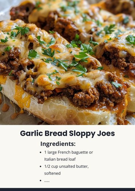 Tasty Cooking - easy & yummy | Garlic Bread Sloppy Joes 🥖🍖 | Facebook Italian Sloppy Joes On Garlic Bread, Cheesy Garlic Bread Sloppy Joes, Sloppy Joe Garlic Bread Recipe, Garlic Bread Sloppy Joes, Cheesy Sloppy Joes, Garlic Bread Recipe, Chicken Crockpot, Cheesy Garlic Bread, Cooking Easy