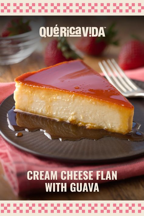 Cream Cheese Flan with Guava Guava Paste Recipes Desserts, Guava Recipes Healthy, Guava Flan, Cheesecake Flan, Guava Cheesecake, Guava And Cheese, Guava Desserts, Cream Cheese Flan, Cheese Flan