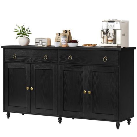 PRICES MAY VARY. 【Must-have Capacity】 This 55” black sideboard features 2 spacious drawers and 4 indoor cabinets, which is equipped with 3 adjustable shelves to store your food, bread, dining utensils, bowls or other necessaries in different height, drawers allow you to store tableware, napkins or small items. 【Pretty Look, Good Mood】 Brighten your home with our pretty black buffet cabinet with storage! This coffee bar cabinet black modern finish combines with mid-century gourd legs, retro bronz Dining Room Drink Station, Living Room Buffet Cabinet, Tall Sideboard Cabinet, Living Room Buffet, Farmhouse Buffet Cabinet, Bar Hutch, Hutch Ideas, Farmhouse Storage Cabinets, Coffee Bar Cabinet