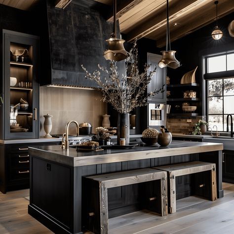 Elegant Black Rustic Farmhouse Kitchen Concept Black And Butcher Block Kitchen, Modern Industrial Decor Kitchen, Moody Rustic Kitchen, Black Farmhouse Interior, Modern Farmhouse Kitchens Black, Gothic Farmhouse Kitchen, Rustic Black Kitchen Cabinets, Black And Wooden Kitchen, Black And Natural Wood Kitchen