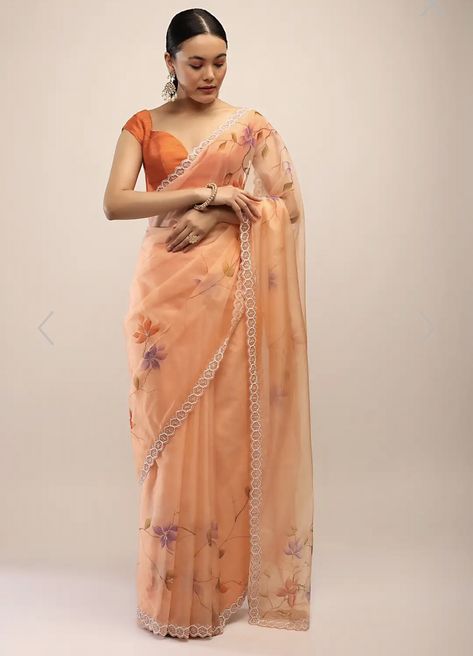 Orange Organza Saree, Floral Organza Saree, Neck Patterns, Blouses Designs, Floral Saree, Ethereal Dress, Kalki Fashion, Orange Saree, Fancy Sarees Party Wear