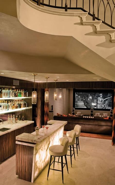 31 Amazing Home Bars That You’ll Want To Raise A Glass To | FashionBeans Basement Home Theater, Basement Gym, Basement Bar Designs, Home Bar Design, Theater Design, At Home Movie Theater, Home Bar Designs, Home Theater Rooms, Theatre Room