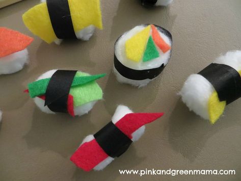 Cotton ball and felt sushi craft Sushi Craft, Cotton Ball Crafts, Emergent Curriculum, Scout Swaps, Anime Club, Food Swaps, Cultural Crafts, Japan Crafts, World Thinking Day