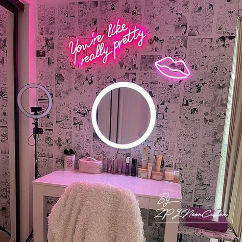 Neon Signs Beauty Room, Pink Lights Room Aesthetic, Personalized Room Decor, Closet Neon Sign, Neon Sign Makeup Room, Room With Neon Sign, Esthetics Room At Home, Neon Room Signs, Pink Esthetician Room