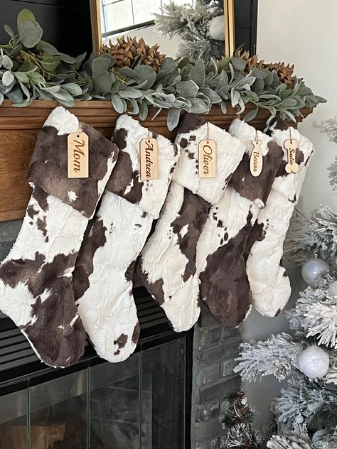 Western Christmas Decorations, Mantel Christmas, Farmhouse Christmas Stockings, Personalized Stocking, Cow Christmas, Holiday Mantel, Cowboy Christmas, Personalized Stockings, Western Christmas