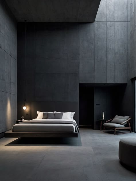 Concrete Bedroom Design, Brutalist Bedroom, Black Outfits Men, Dark Gray Interior, Brutalist Interior Design, Concrete Bedroom, Brutalist House, Desert Modernism, Brutalist Interior