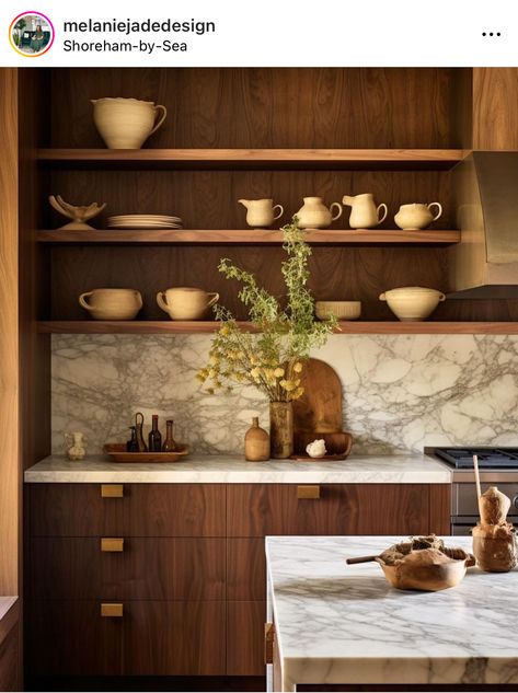 Walnut Kitchen Cabinets With Marble Countertops, Marble Backsplash Wood Countertop, Wood Cabinet Granite Countertop, Wood Cabinet Marble Countertop, Wood Cabinet Quartz Counter, Brown Soap Stone Countertops, Contemporary Kitchen Inspiration, Walnut Kitchen, Kitchen Accents