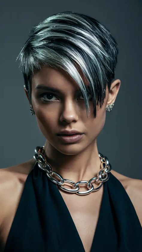 Pixie Bangs Long Hair, Ombre Pixie Hair, Short Hair Dye Ideas Pixie Cuts, Pixie Haircolor Ideas, Edgy Short Hair For Women, Pixie Cut Dyed Hair, Pixie Color Ideas, Blonde To Ginger, Asymetrical Haircut Edgy