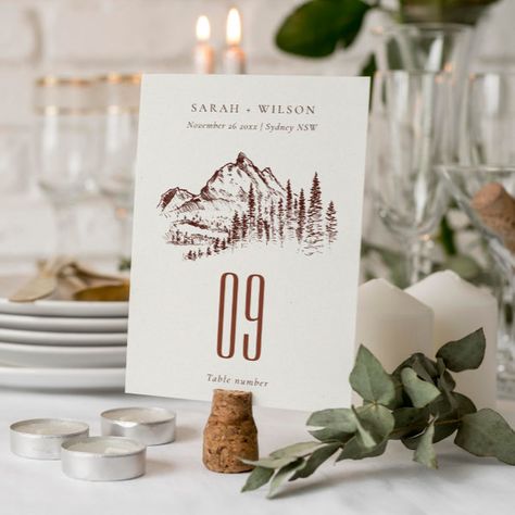 Rustic Rust Pine Woods Mountain Sketch Wedding Table Number Mountain Table Numbers, Jungle Watercolor, Mountain Wedding Ideas, Mountain Sketch, Wedding Logistics, Orange Terracotta, Wedding Table Number Cards, Card Table Wedding, Wedding Numbers