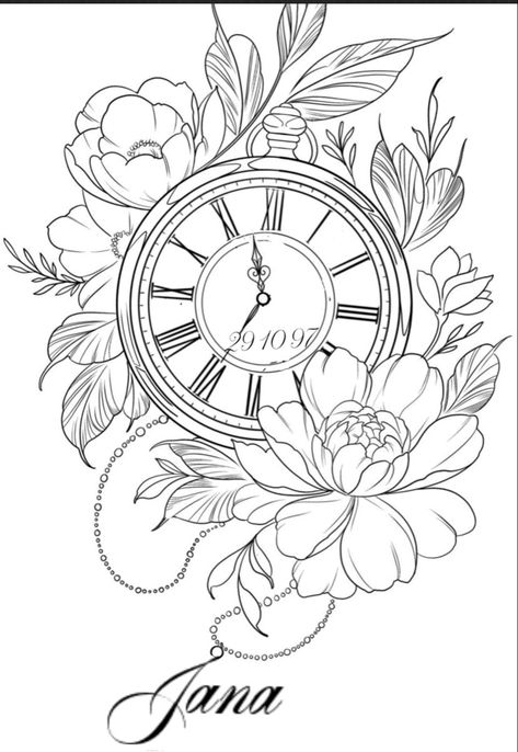 Pocket Watch Tattoo Design, Carnation Flower Tattoo, Black Flowers Tattoo, Small Hummingbird Tattoo, Watch Tattoo Design, Clock Drawings, Pocket Watch Tattoos, Sakura Tattoo, Floral Clock