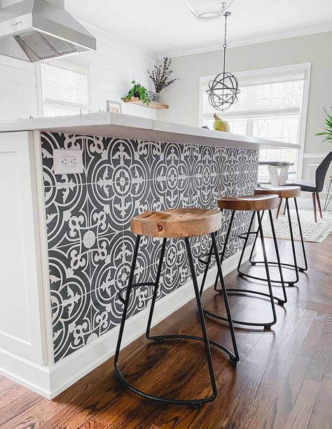 Wallpaper Kitchen Island, Drawer Microwave, Metal Barstools, Patterned Tile, Condo Kitchen, Kitchen Wallpaper, Updating House, Kitchen Tiles, Home Decor Kitchen