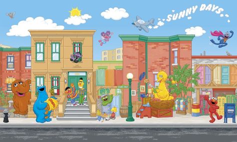 JL1213M Sesame Street Prepasted XL Sized Wallpaper Mural Sesame Street Bedroom, Stick Decor, Street Background, Elmo Sesame Street, Sesame Street Birthday Party, Sesame Street Party, Street Mural, York Wallpaper, Sesame Street Birthday