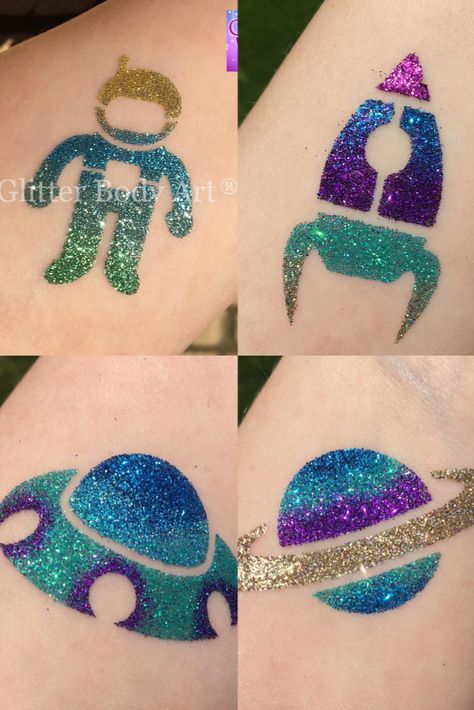 pictures of space themed temporary tattoos for kids, spaceship, flying saucer, planet and spaceman made with temporary tattoo stencils, body glitter and body glue. Diy Glitter Tattoos Stencil, Glitter Style Tattoo, Glitter Tattoo Permanent, Body Glitter Ideas, Glitter Tatoos, Glitter Tattoo Ideas, Kids Temporary Tattoos, Glitter Body Art, Diy Tattoos