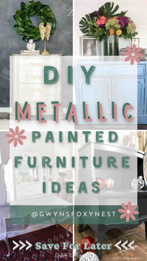 Revamp your furniture with DIY metallic paint for a touch of glamour and sophistication. Elevate ordinary pieces into stunning statement furniture with shimmering metallic hues. Transform your space with a chic and budget-friendly upgrade that adds a touch of luxury to your home decor with DIY Metallic Painted Furniture. Blue Metallic Painted Furniture, Metallic Spray Paint Ideas, Metallic Paint Kitchen Cabinets, Non Metallic Metal Painting Tutorial, Fusion Metallic Painted Furniture, Diy Metallic Paint, Iridescent Furniture, Metallic Painted Furniture Diy, High Gloss Painted Furniture