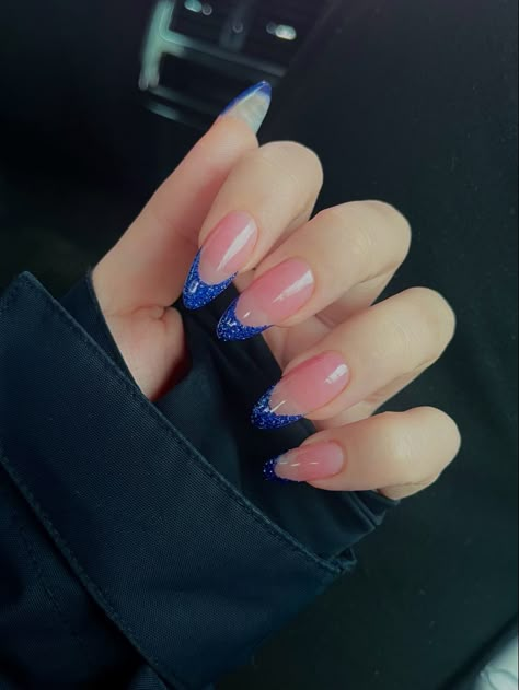 Cute Nails With Blue Dress, Royal Blue Nails With Sparkles, Nails For Blue Sparkly Dress, Dark Blue With Sparkles Nails, Navy And Sparkle Nails, Blue Glitter Nails French Tip, Almond Royal Blue French Tip Nails, Nail Ideas With Blue Dress, Nail Ideas For Blue Prom Dress