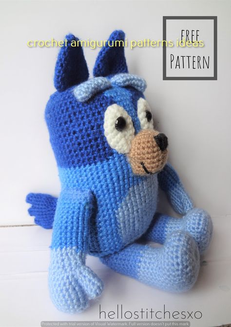 Free Blue Crochet Patterns, Crochet Pattern For Bluey, Free Crochet Pattern For Bluey, Knit Toys Pattern, Crochet Stuff Animals Free Patterns, Free Knitting Pattern For Bluey The Dog, How To Crochet Bluey, Free Crochet Bluey Patterns, Disney Crochet Free Patterns